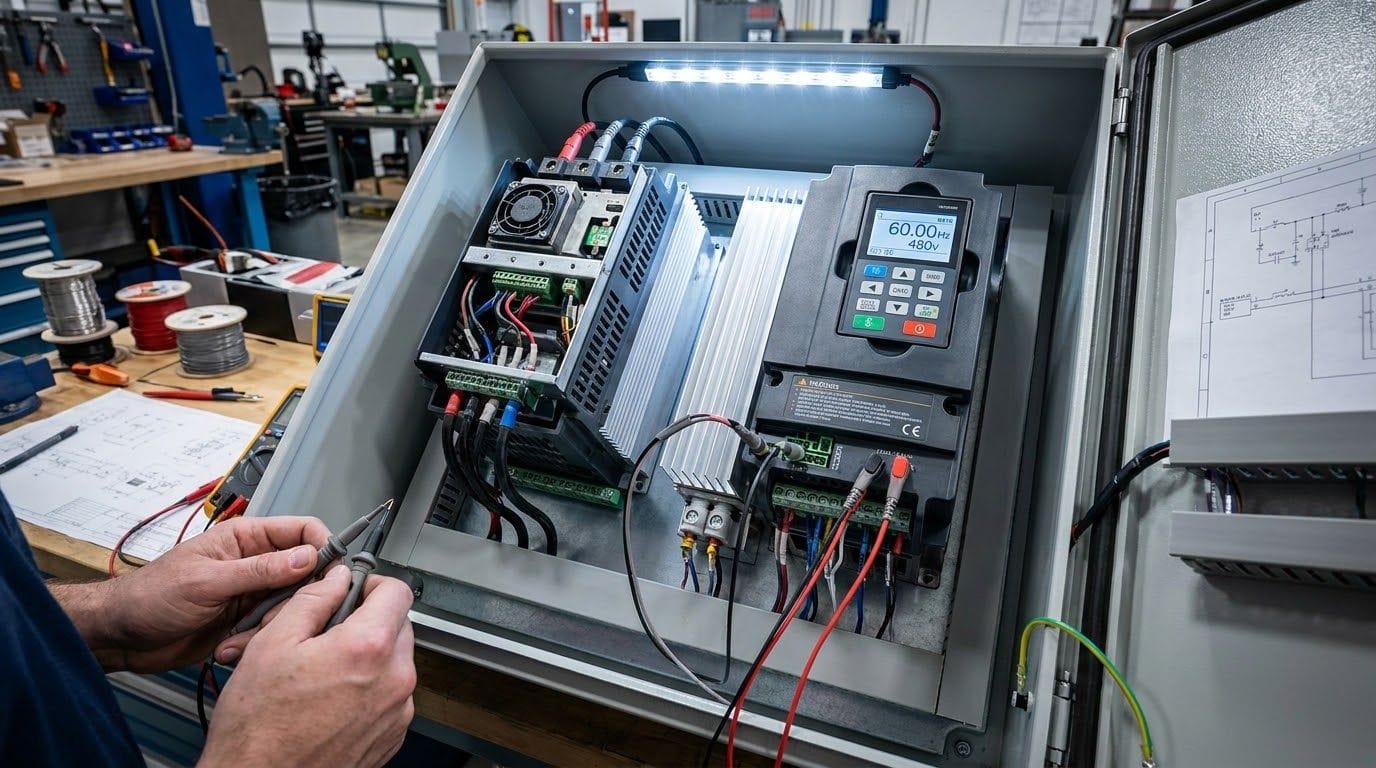 Industrial variable frequency drive chassis under diagnostic oscilloscope testing at the Kinetra Technology bench