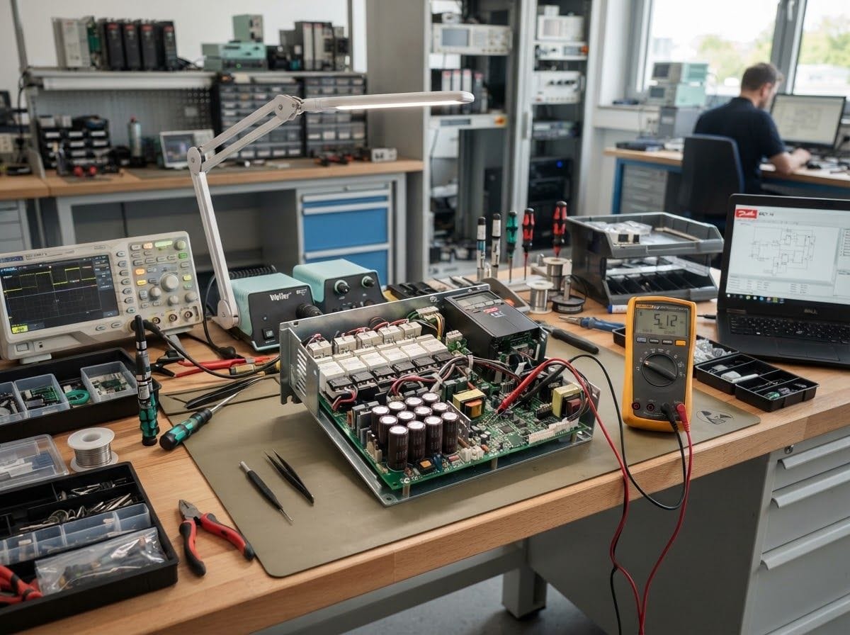 Industrial drive repair workstation with an opened VFD, exposed circuit board and multimeter