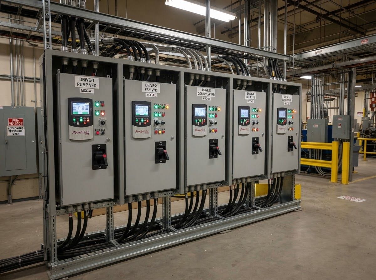 Industrial motor control center panel housing multiple high-power variable frequency drives